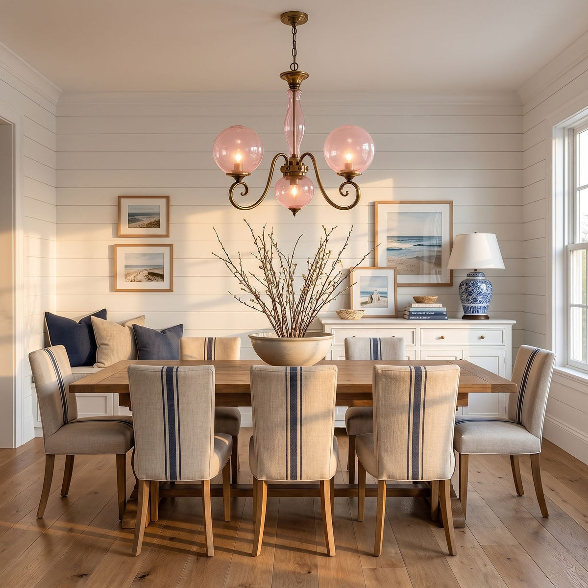 Antique Brass Scroll Arm Glass Globe Chandelier above a dining table at golden hour