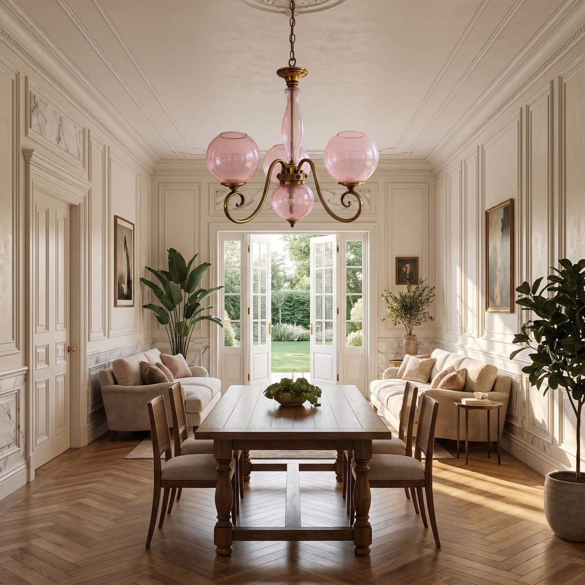 Antique Brass Scroll Arm Glass Globe Chandelier in an open-plan living and dining room, wide view