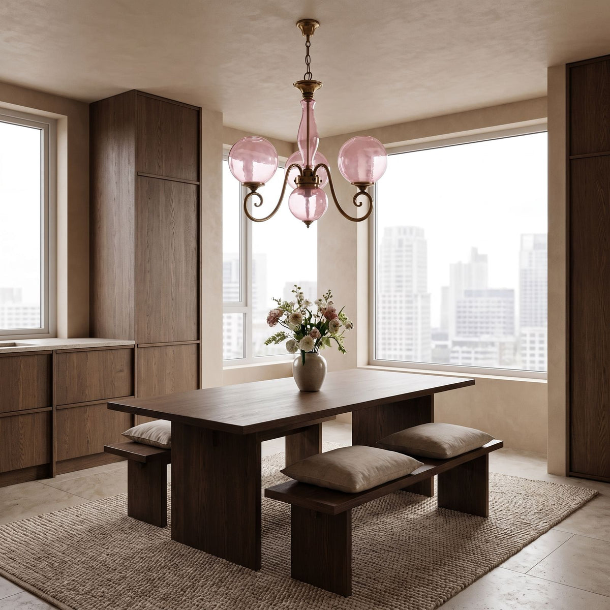 Antique Brass Scroll Arm Glass Globe Chandelier in a styled bedroom in soft daylight