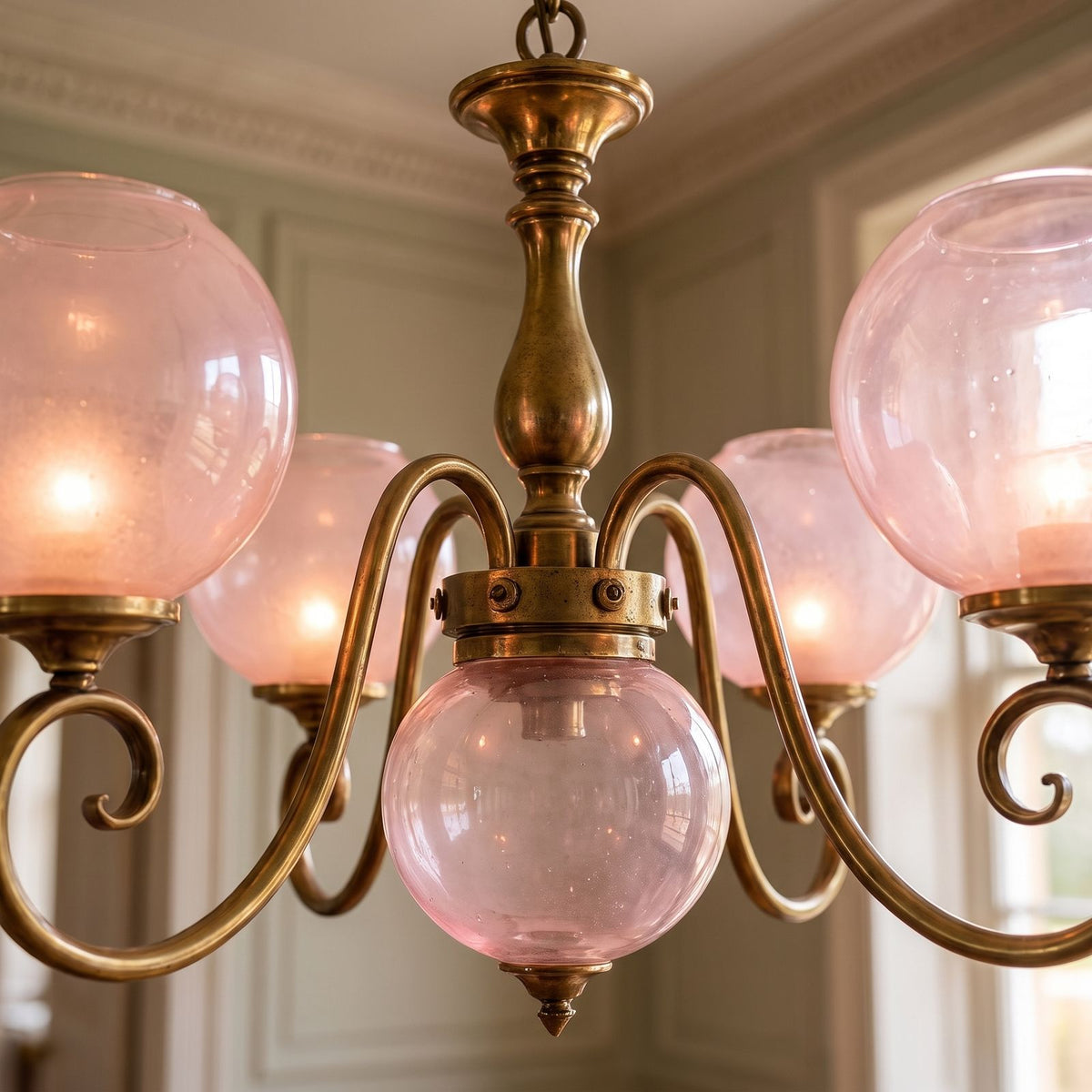 Antique Brass Scroll Arm Glass Globe Chandelier: close-up of the materials and finish
