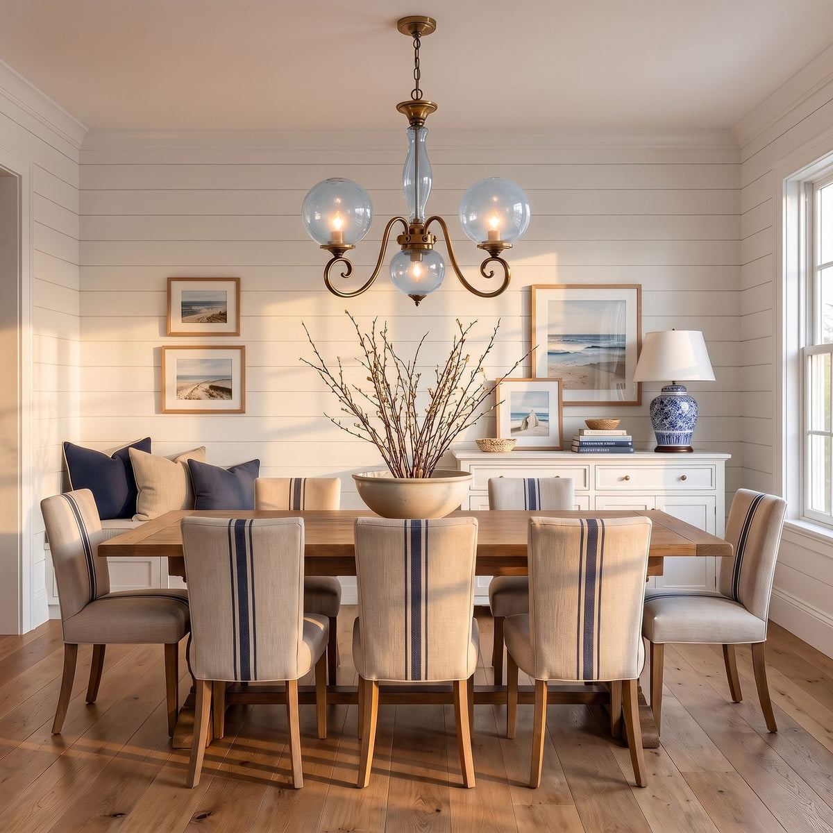 Antique Brass Scroll Arm Glass Globe Chandelier with blue glass above a dining table at golden hour