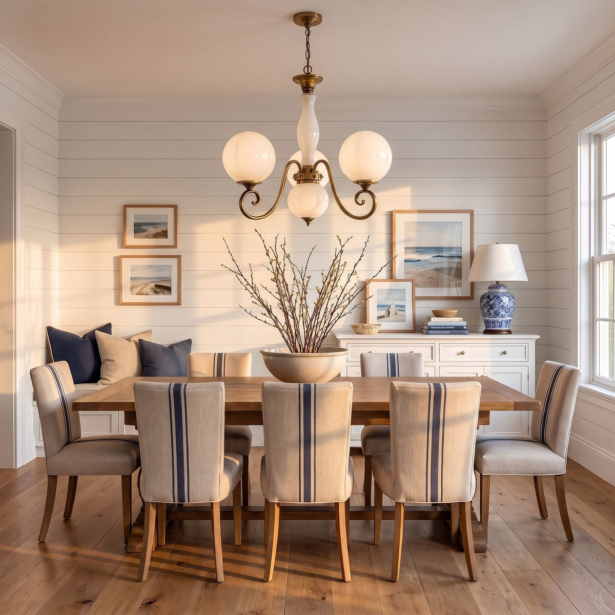 Antique Brass Scroll Arm Glass Globe Chandelier with white glass above a dining table at golden hour