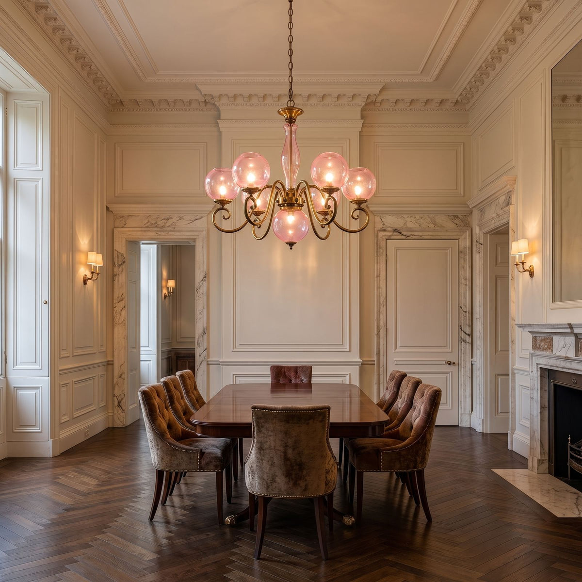 Antique Brass Scroll Arm Glass Globe Chandelier, 8+1 Lights, in formal dining room with a 3.2 m ceiling