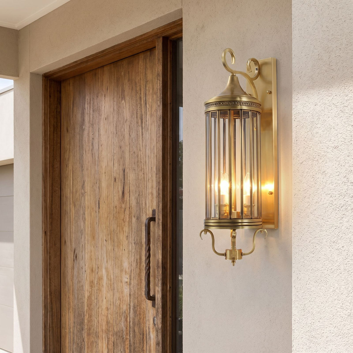 Arabian Style Brass and Glass Outdoor Wall Lantern beside a timber front door
