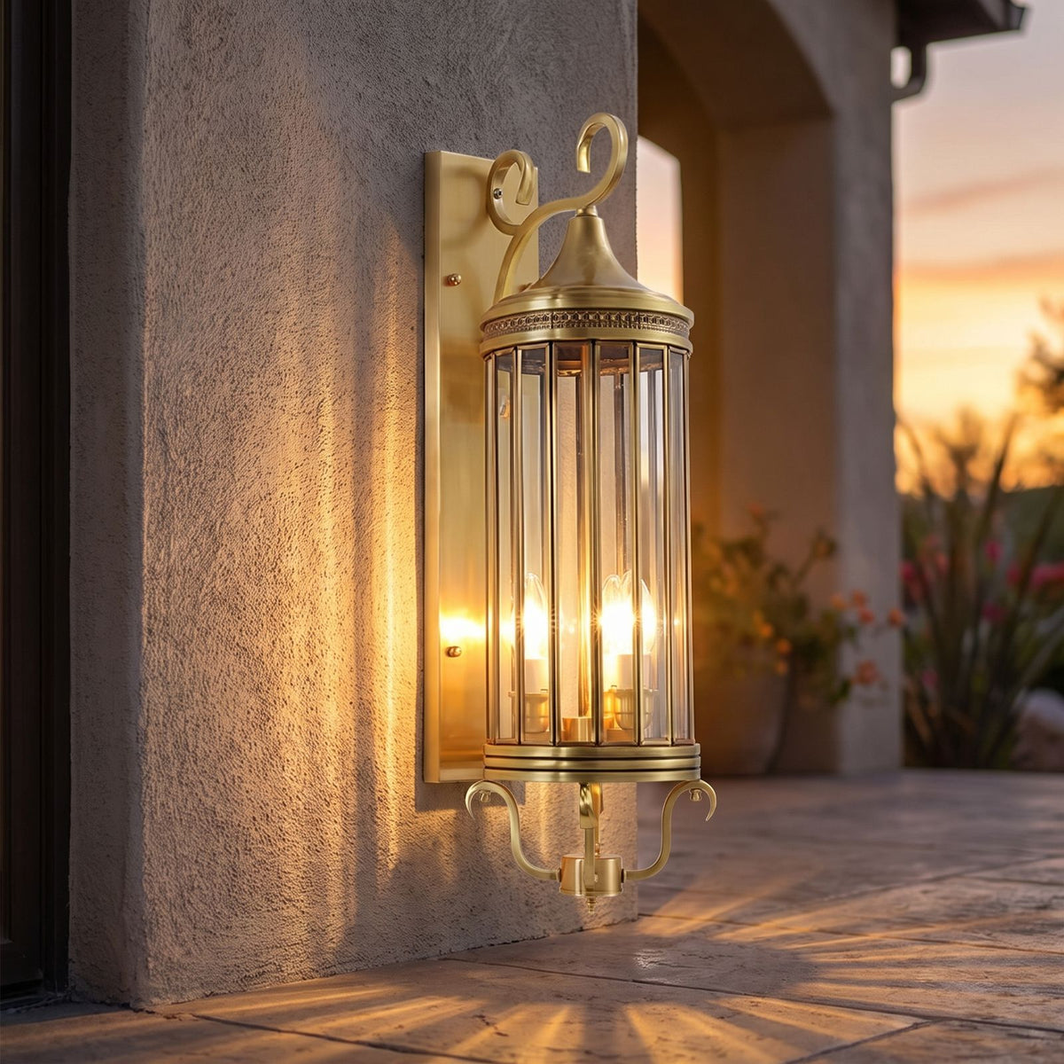 Arabian Style Brass and Glass Outdoor Wall Lantern on a porch wall at dusk