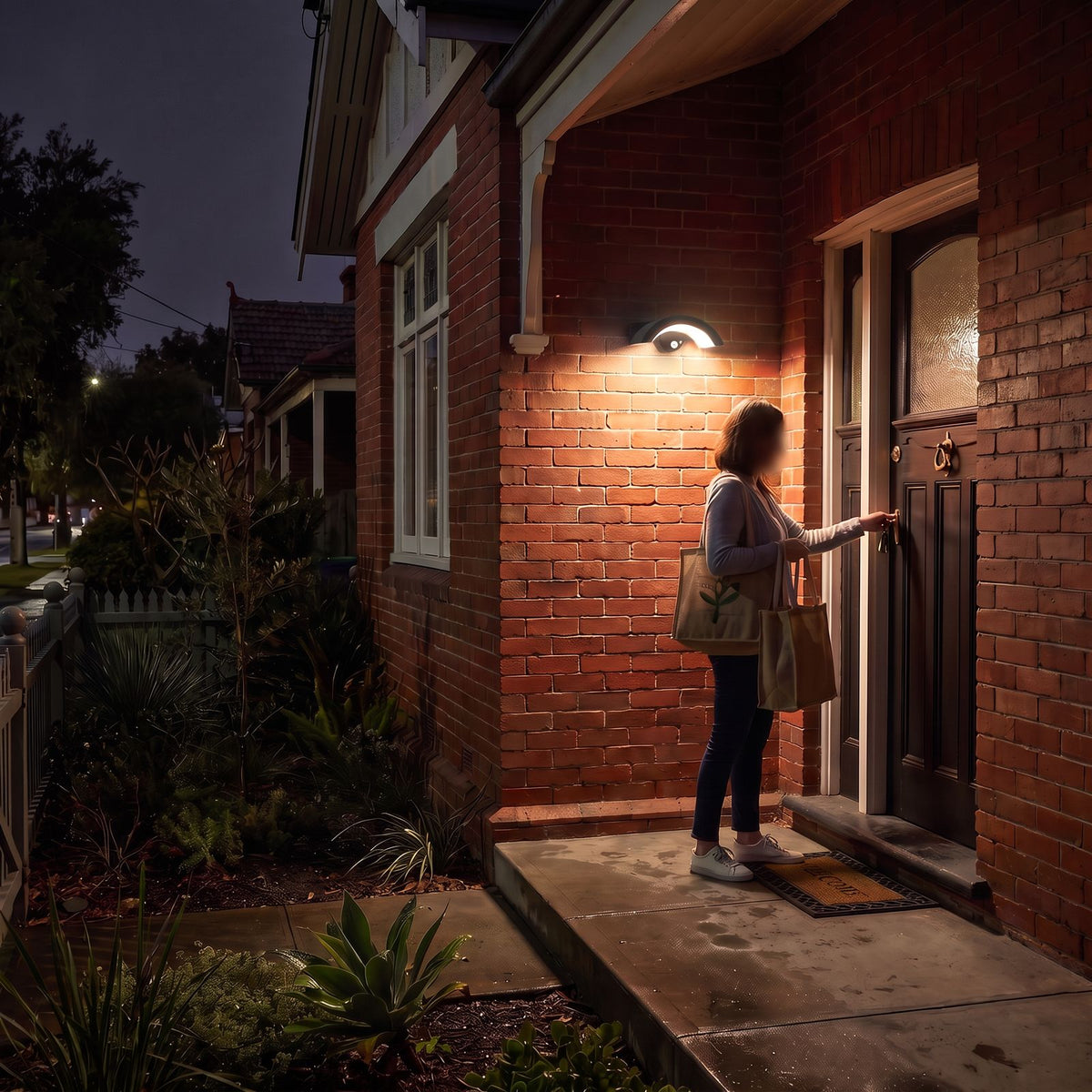 Arc Motion Sensor Outdoor Wall Light switching on as a woman arrives at the front door of a brick bungalow at night