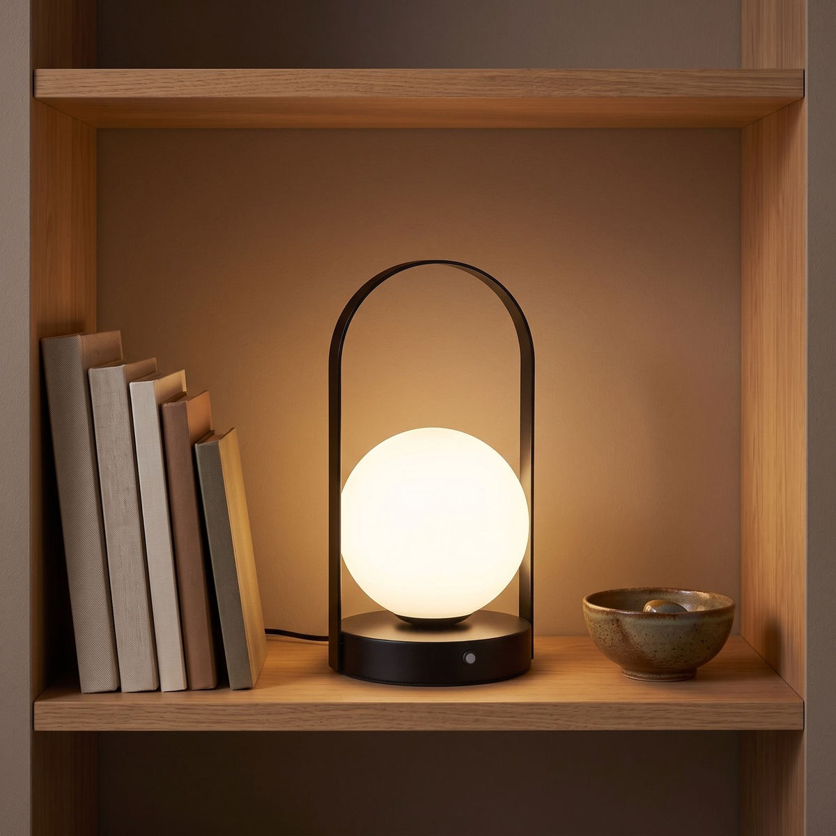 Arch frame frosted glass globe table lamp on an oak shelf beside books