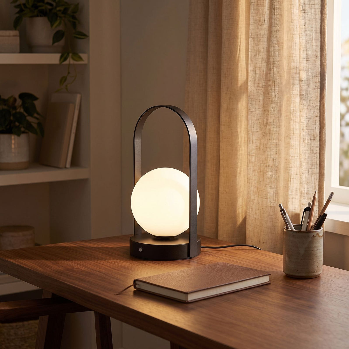 Arch frame frosted glass globe table lamp on a home office desk