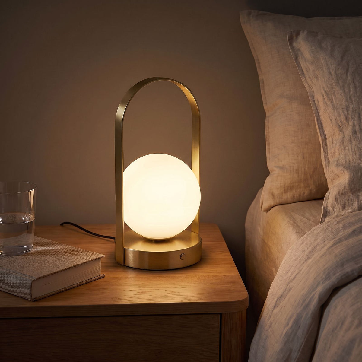 Arch Frame Frosted Glass Globe Table Lamp in gold on a bedside table