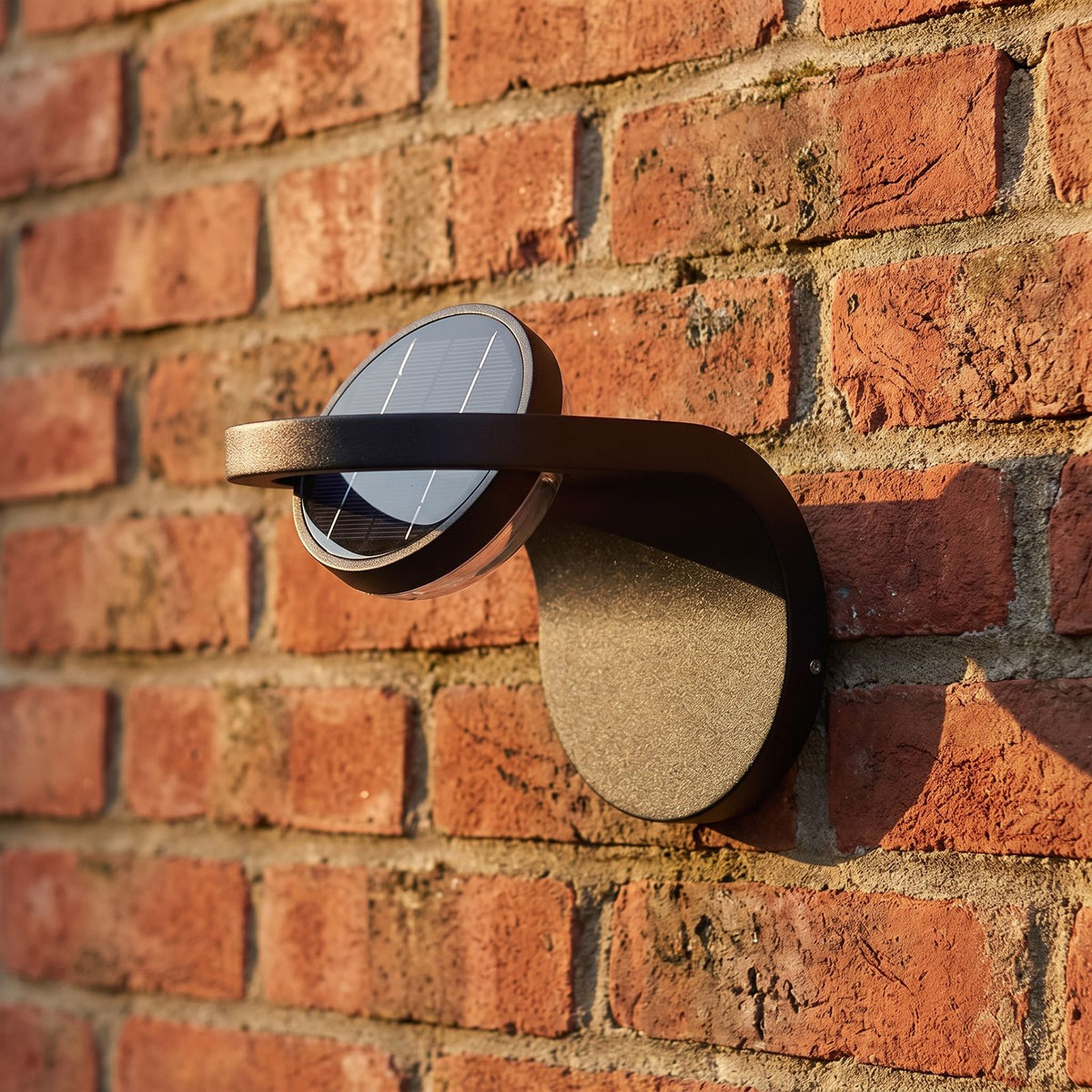 Arched Metal and Acrylic Outdoor Wall Light, close view at 45 degrees on a stone wall