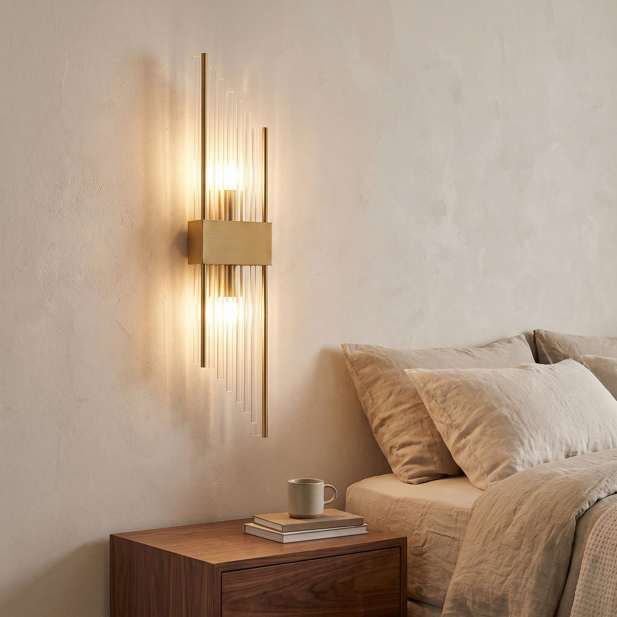 Art Deco Crystal Glass Rod Wall Light beside a bed