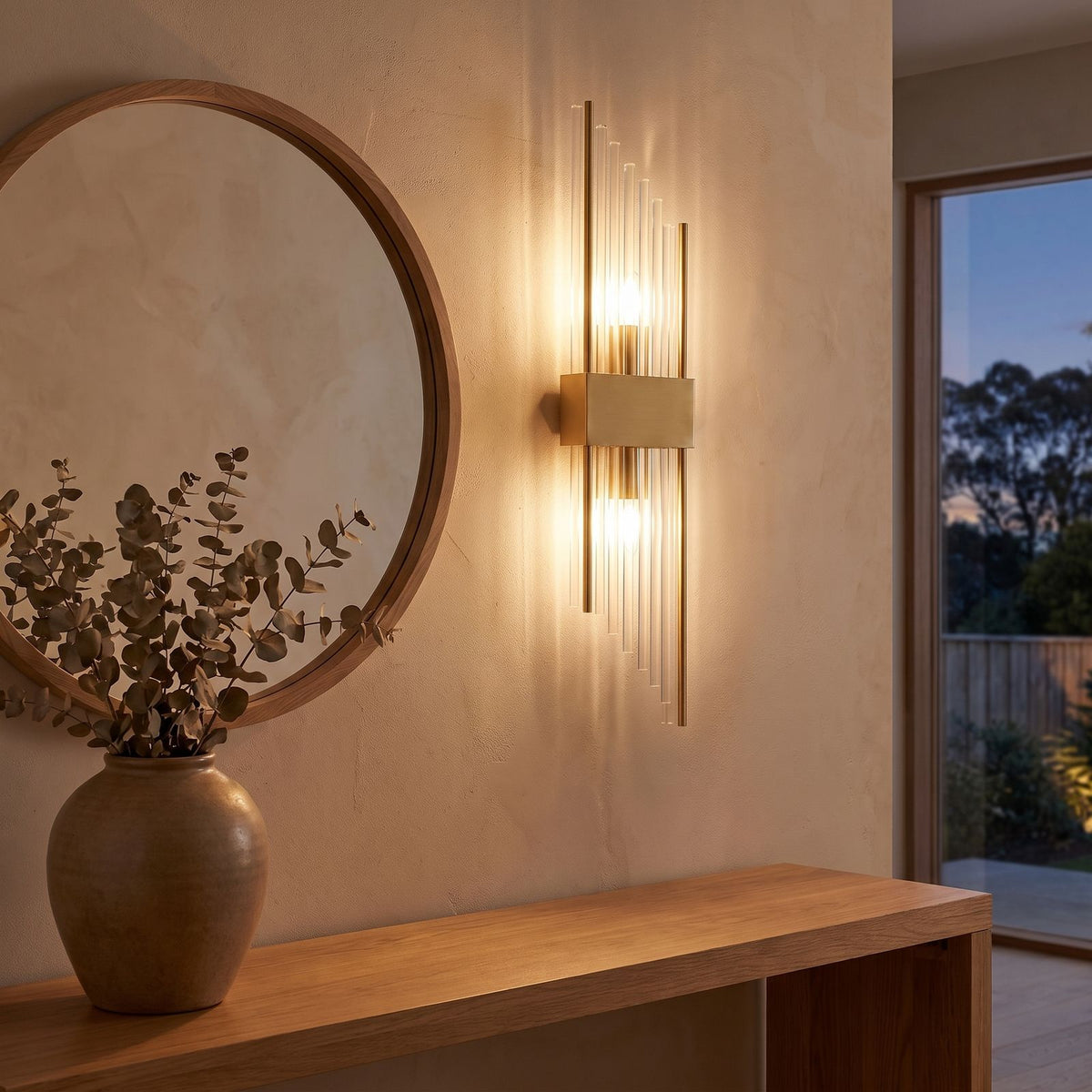 Crystal glass rod wall light beside a round mirror in an entry hall