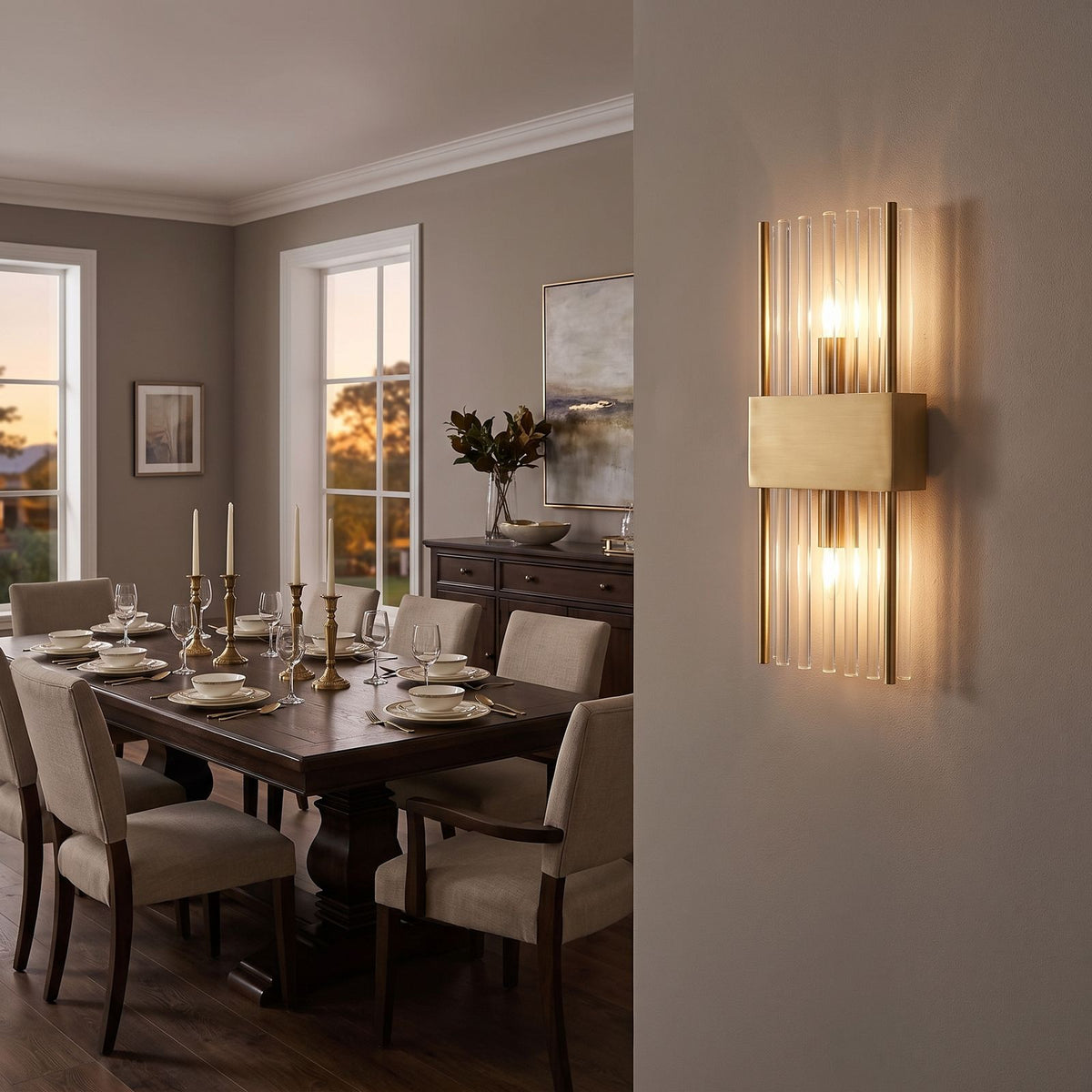 Art Deco Crystal Glass Rod Wall Light on a dining room wall