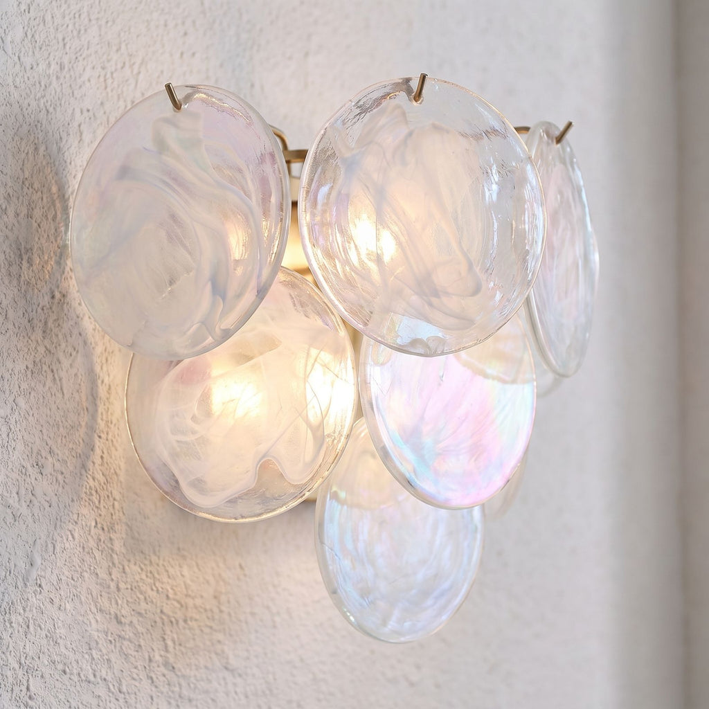 Art Deco Fan Textured Glass Wall Light, close view at 45 degrees on a plaster wall