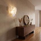 Art Deco Fan Textured Glass Wall Light in a hallway above a timber console