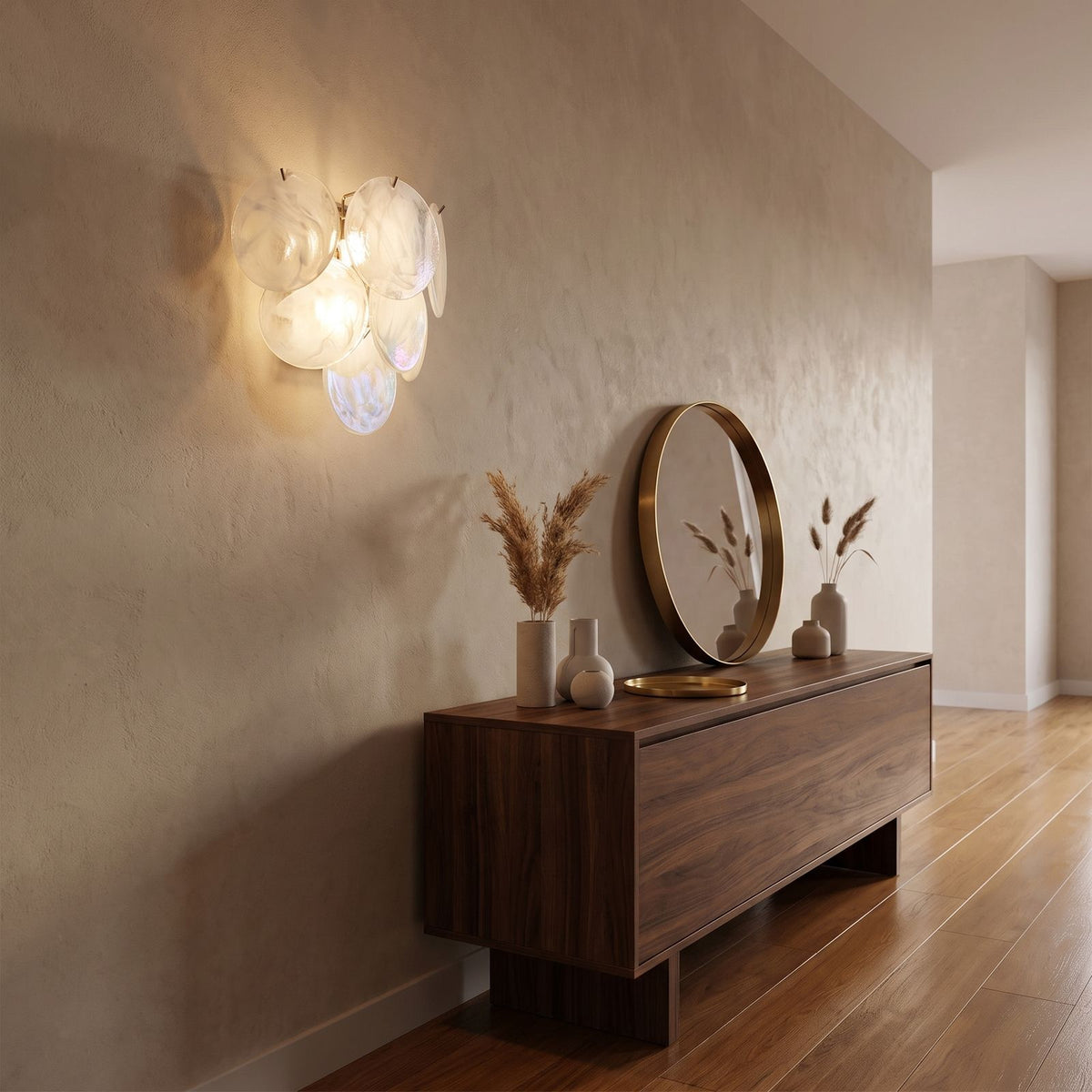 Art Deco Fan Textured Glass Wall Light in a hallway above a timber console