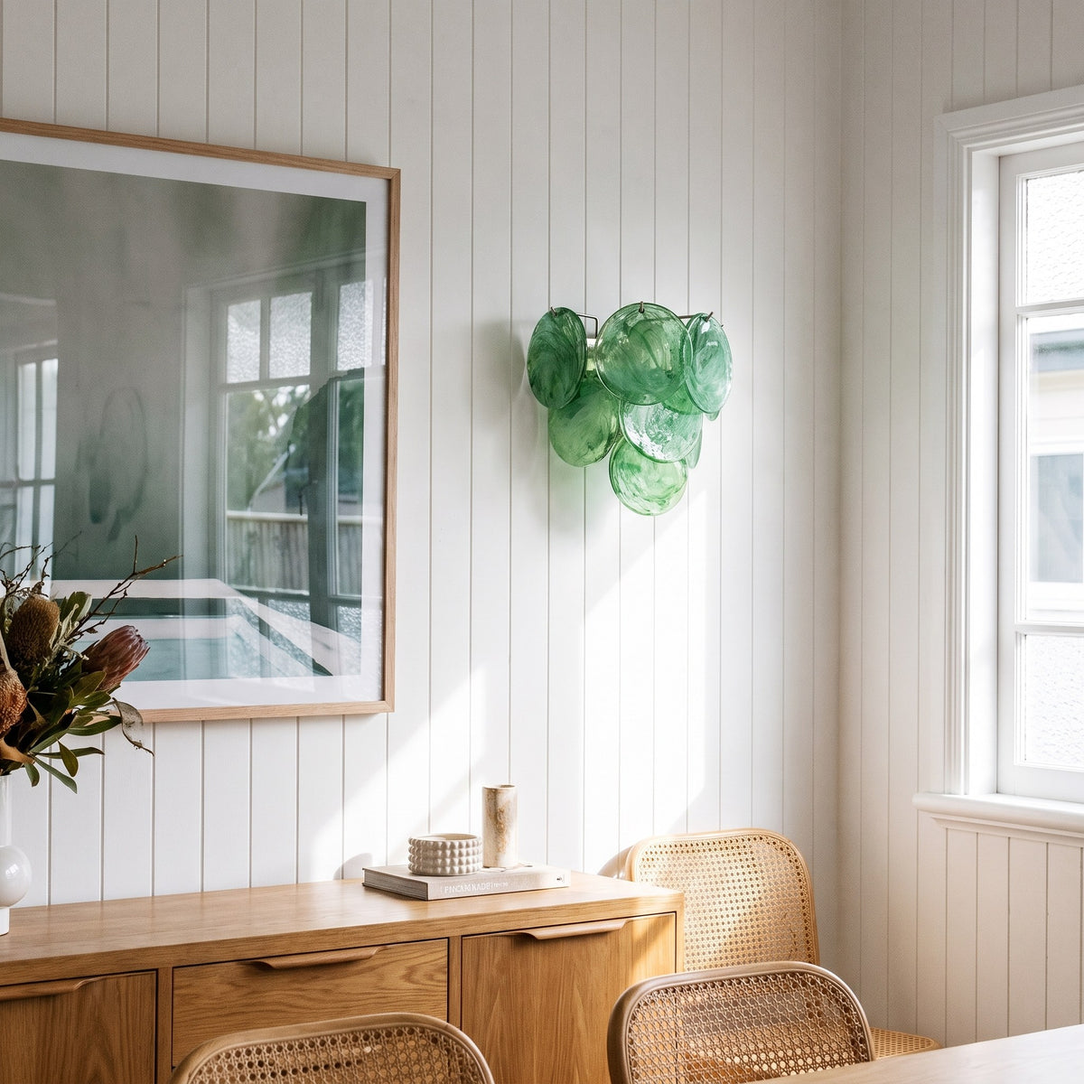 Art Deco Fan Textured Glass Wall Light in green above a dining room sideboard