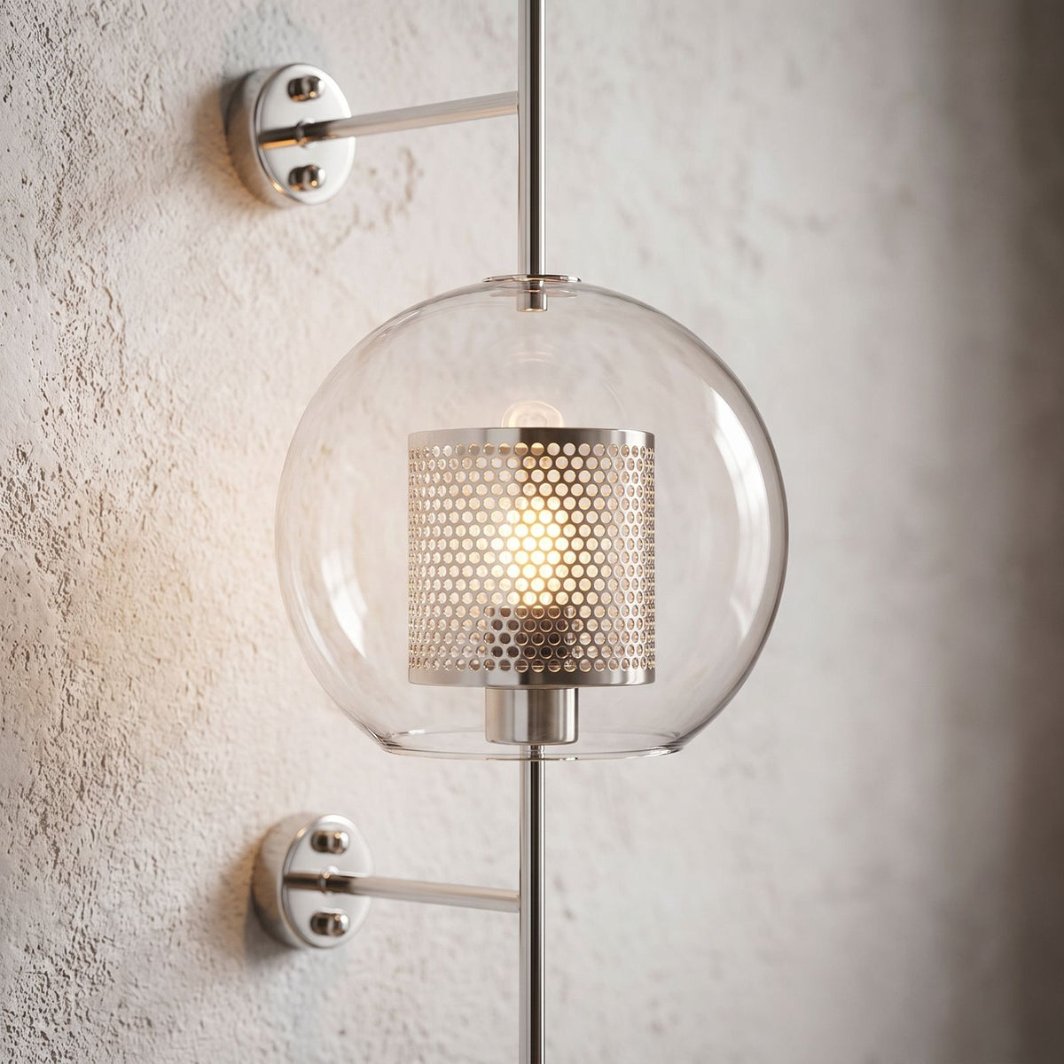Art Deco Metal Rod and Clear Glass Up Down Wall Light, close view at 45 degrees on a plaster wall