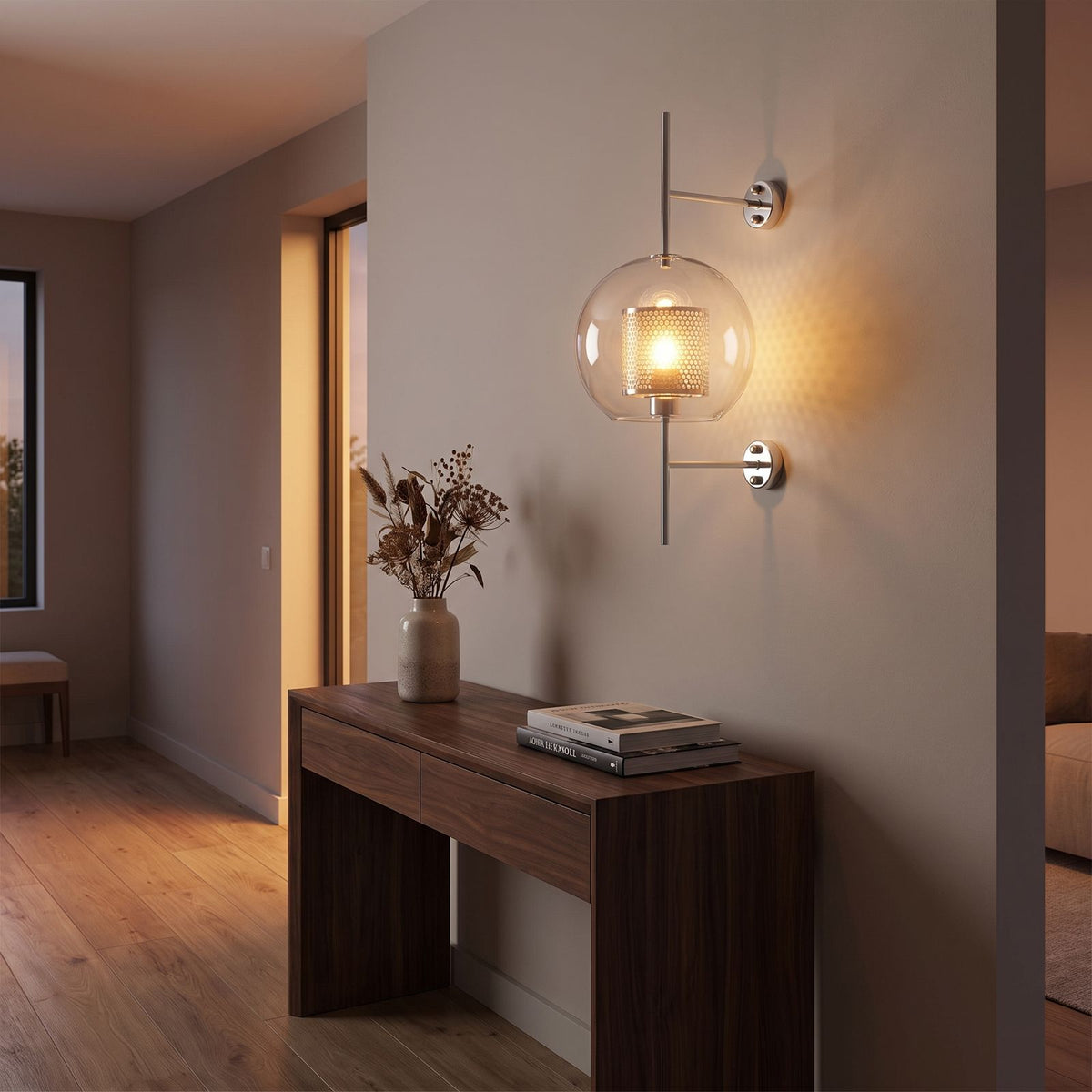 Art Deco Metal Rod and Clear Glass Up Down Wall Light in a hallway above a timber console