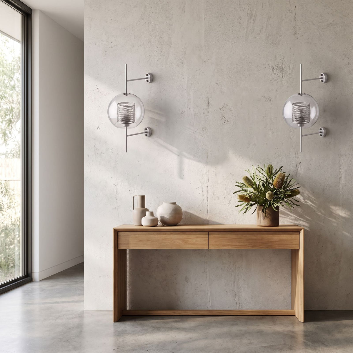 Art Deco Metal Rod and Clear Glass Up Down Wall Light in a pair on a wall of an Australian home