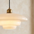 Art Deco Tiered Glass and Brass Pendant Light, close view from below