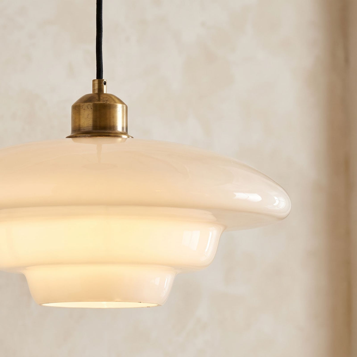 Art Deco Tiered Glass and Brass Pendant Light, close view from below