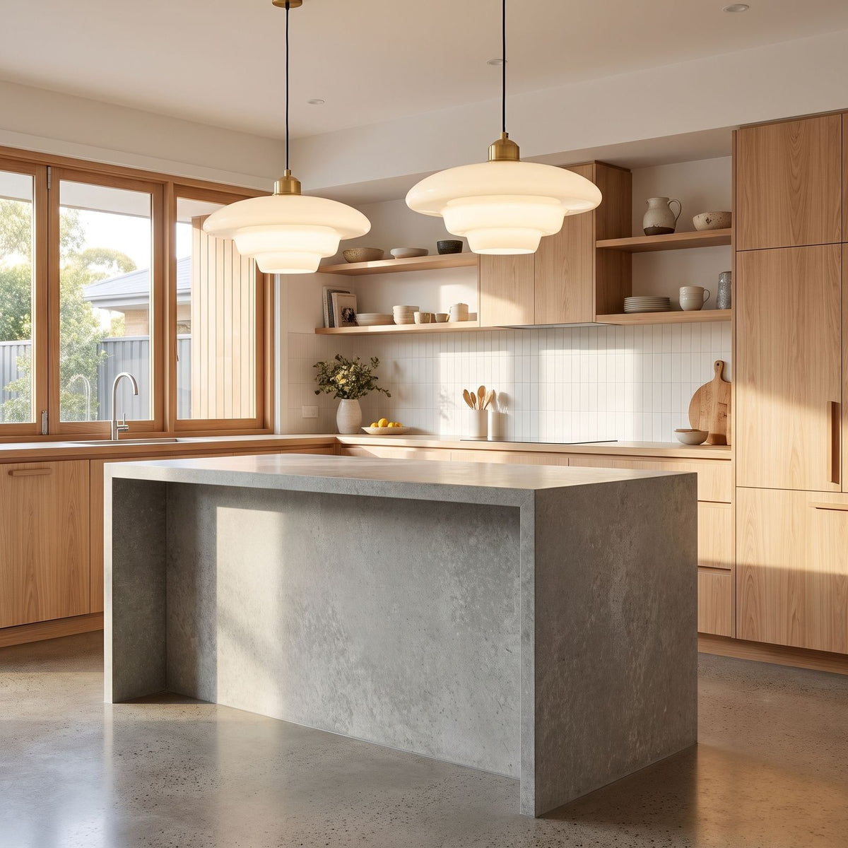 Art Deco Tiered Glass and Brass Pendant Light over a stone kitchen island