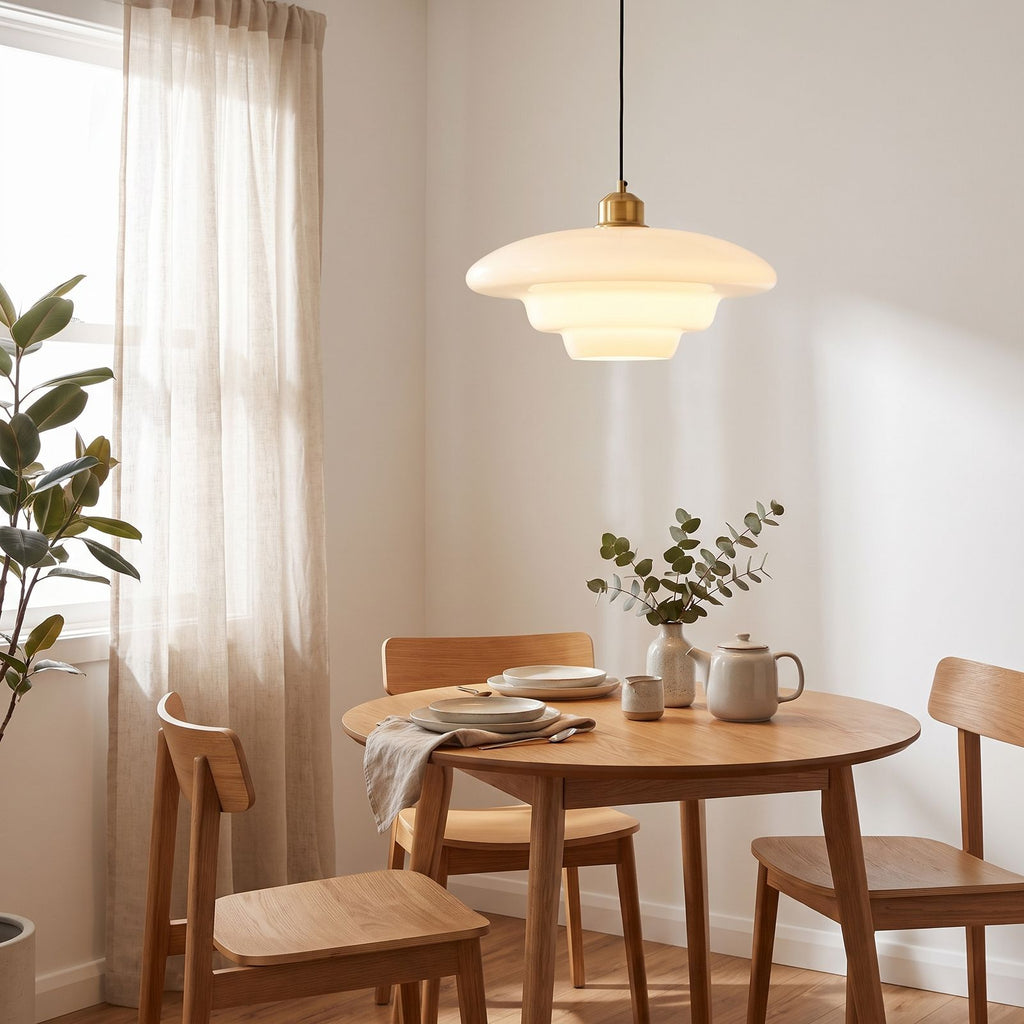Art Deco Tiered Glass and Brass Pendant Light in a breakfast nook