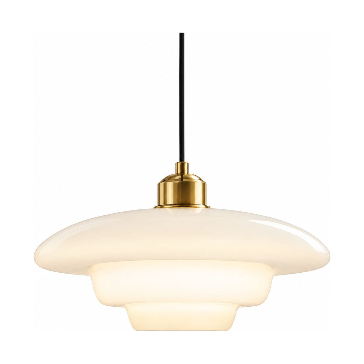 Art Deco Tiered Glass and Brass Pendant Light in the two-tier shade version on a white background