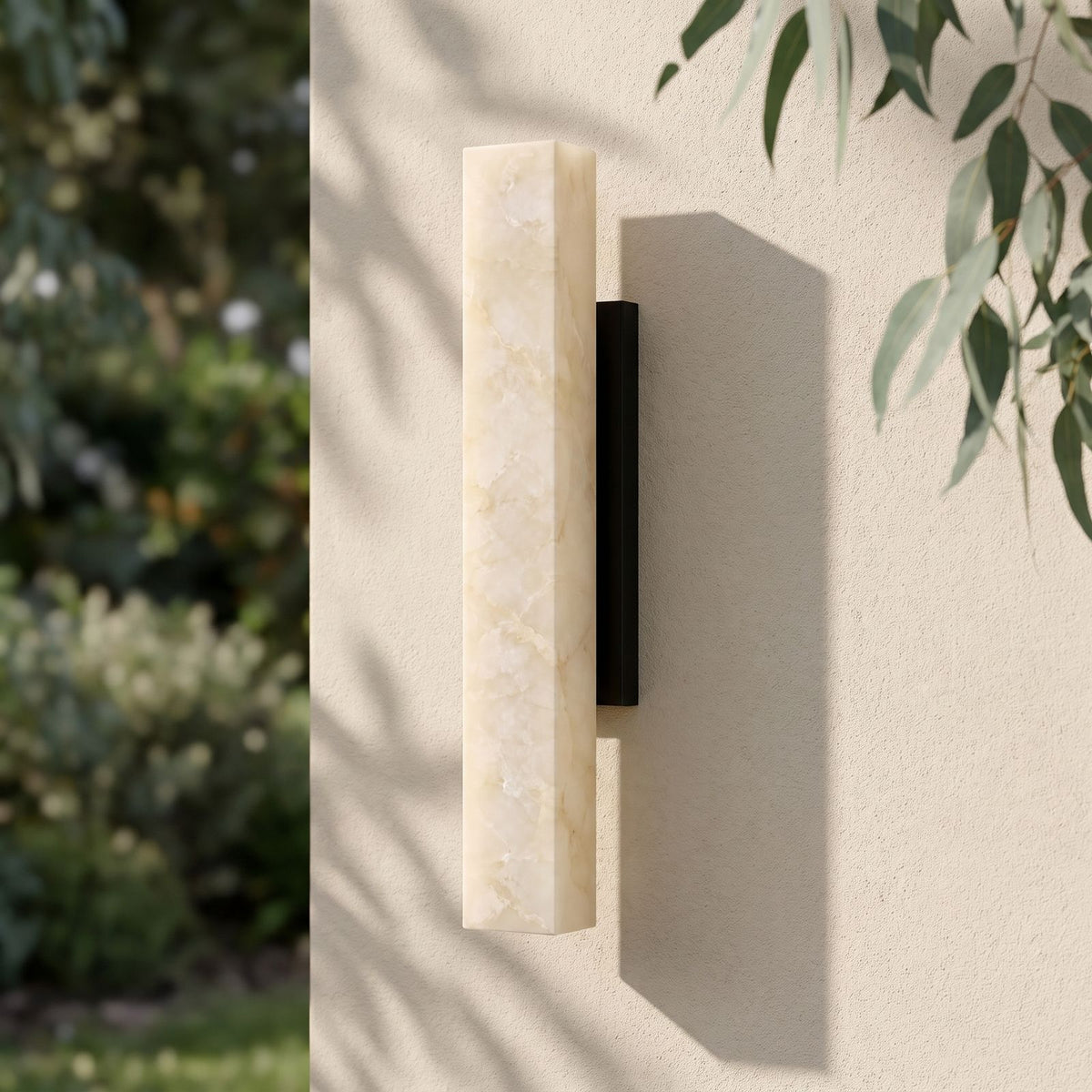 Artificial Alabaster Rectangular Outdoor Wall Light on a rendered wall, angled close view