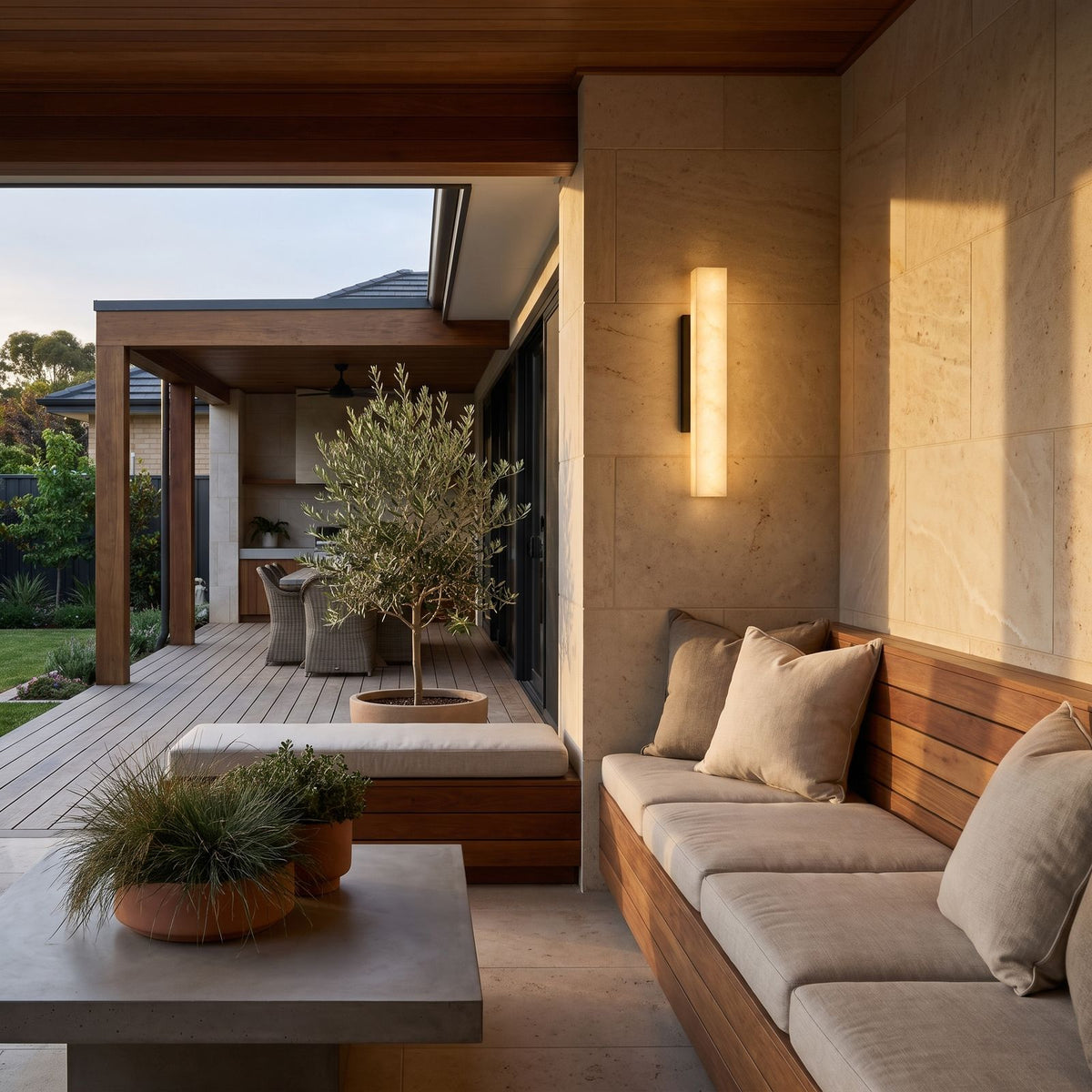 Artificial Alabaster Rectangular Outdoor Wall Light on a limestone wall in a covered outdoor lounge