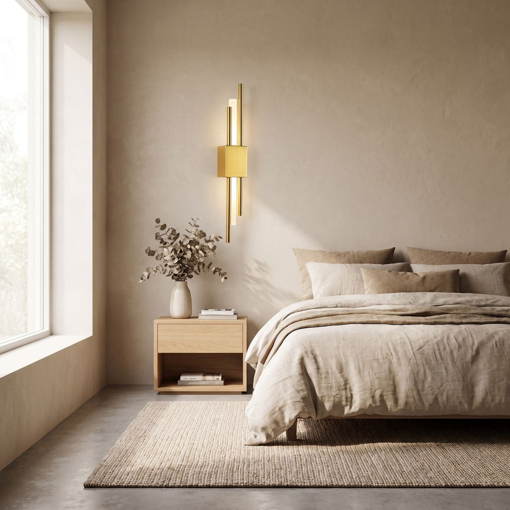 Asymmetric Linear LED Wall Sconce on a bedroom wall beside the bed