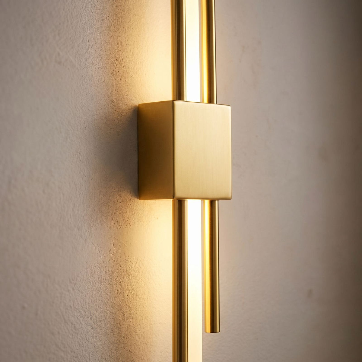 Asymmetric Linear LED Wall Sconce, close view at 45 degrees on a plaster wall