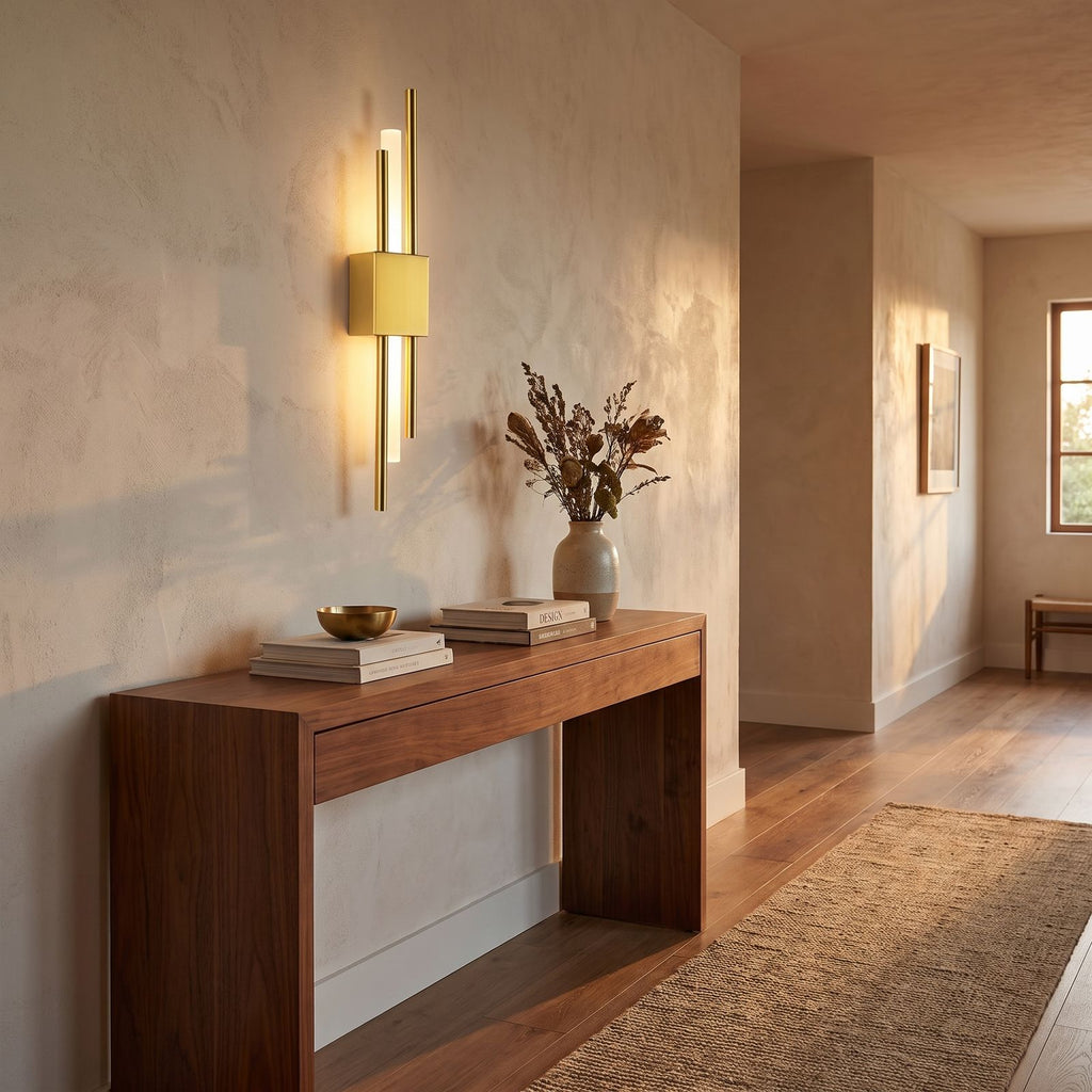 Asymmetric Linear LED Wall Sconce in a hallway above a timber console