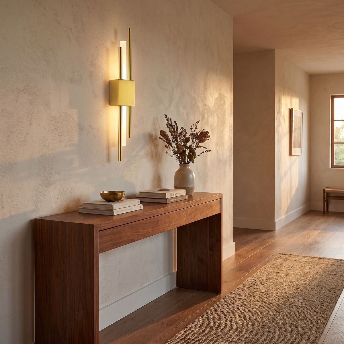 Asymmetric Linear LED Wall Sconce in a hallway above a timber console