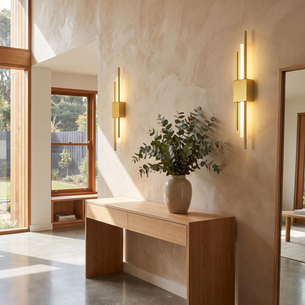 Asymmetric Linear LED Wall Sconce in a pair on a wall of an Australian home