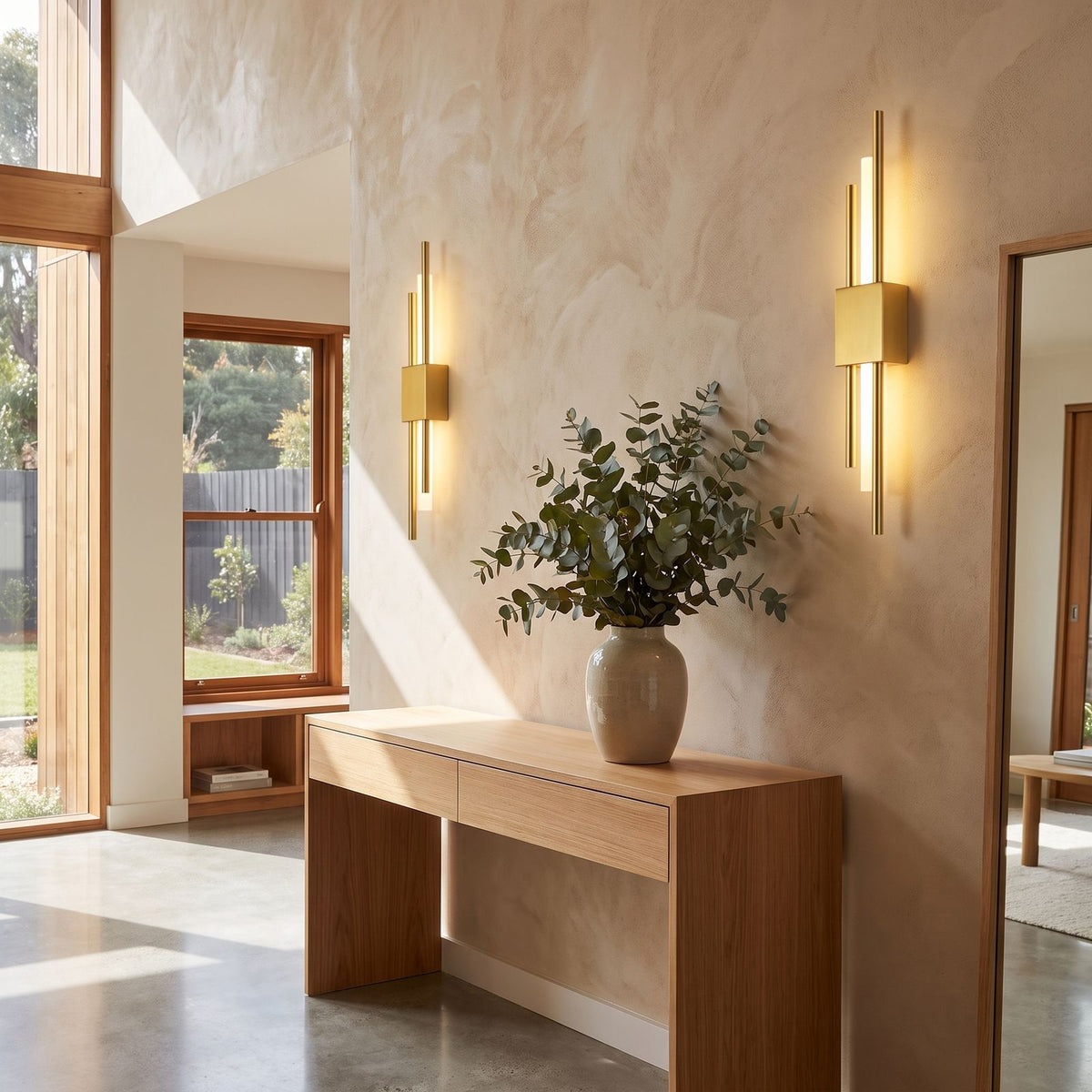 Asymmetric Linear LED Wall Sconce in a pair on a wall of an Australian home