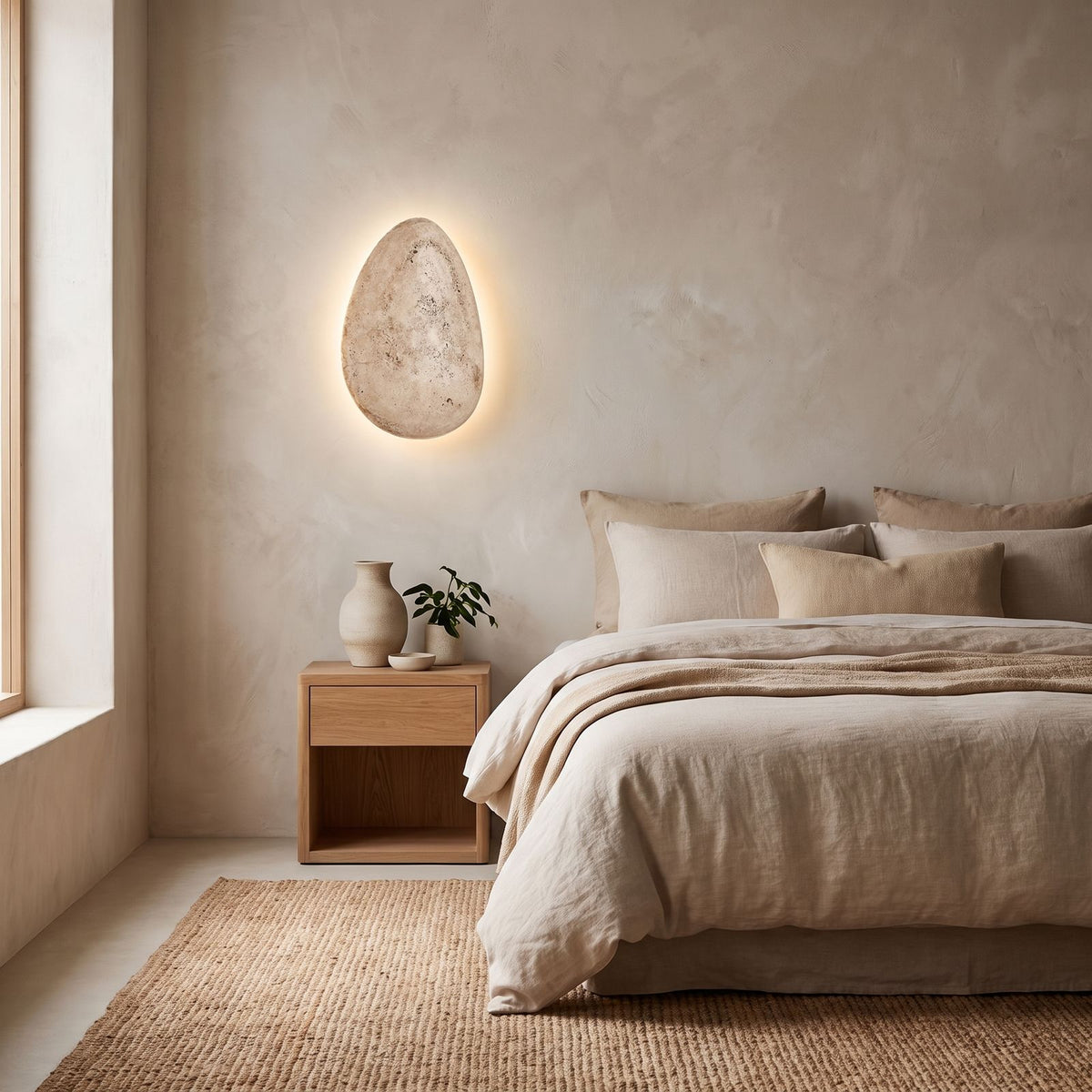Backlit Floating Pebble Marble Wall Light on a bedroom wall beside the bed