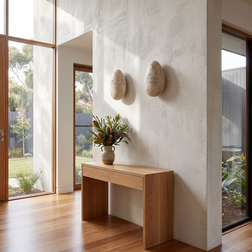 Backlit Floating Pebble Marble Wall Light in a pair on a wall of an Australian home