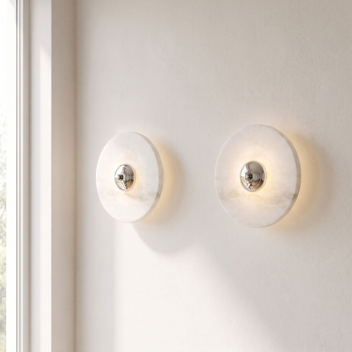 Backlit Marble Disc Touch Wall Light in a pair on a wall of an Australian home