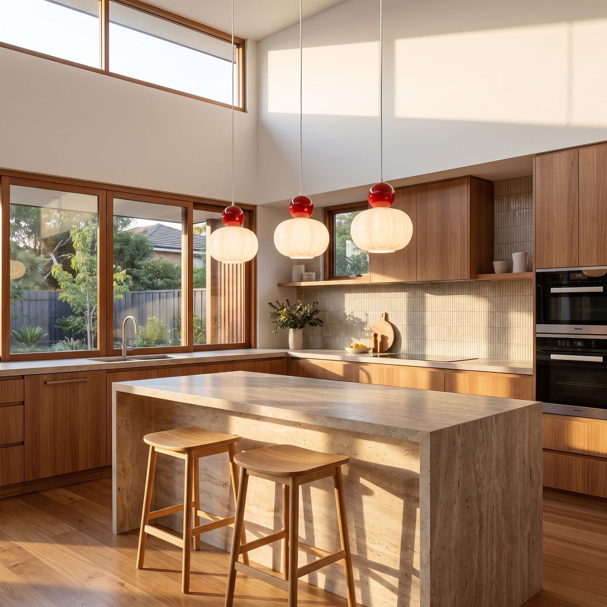 Ball-top scalloped acrylic 3-light pendant in a wide open-plan kitchen view