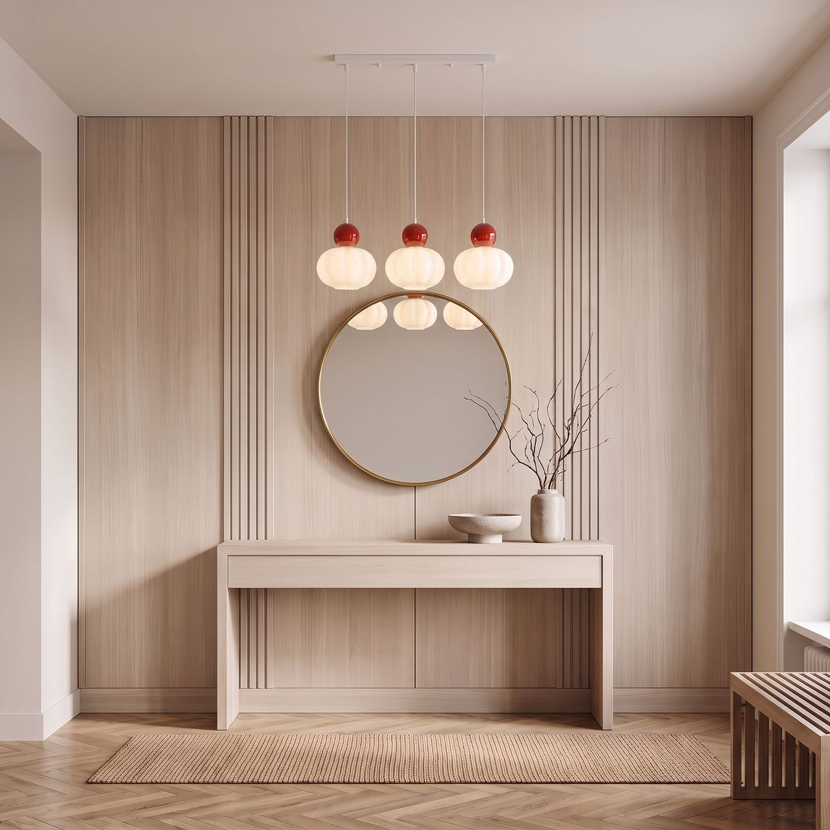 Ball-top scalloped acrylic 3-light pendant above a console table in an entrance hall