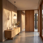 Ball-top scalloped acrylic pendant light in a wide entry hall view