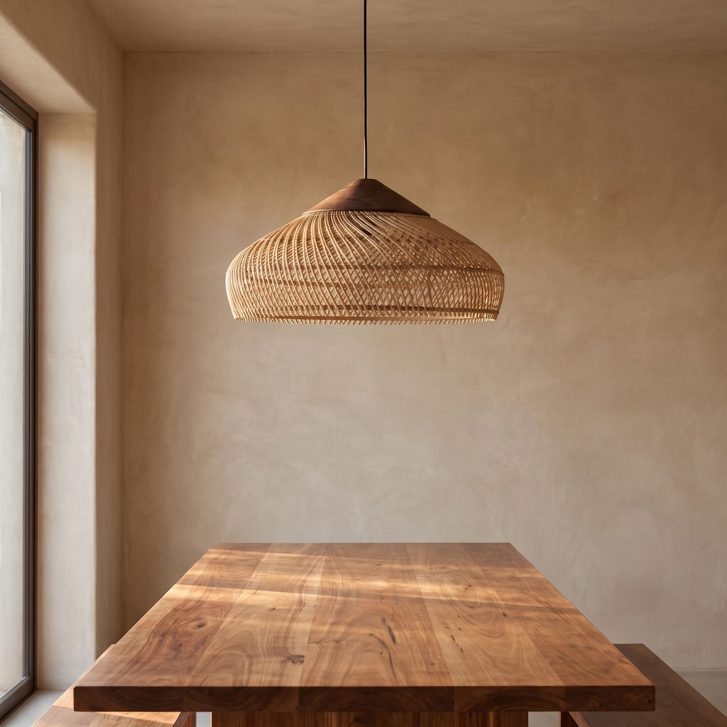 Bamboo Rattan Dome Pendant Light above a timber dining table