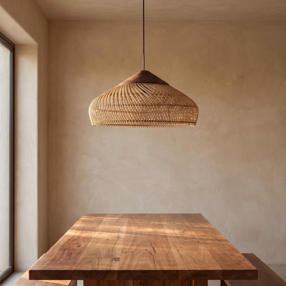 Bamboo Rattan Dome Pendant Light above a timber dining table