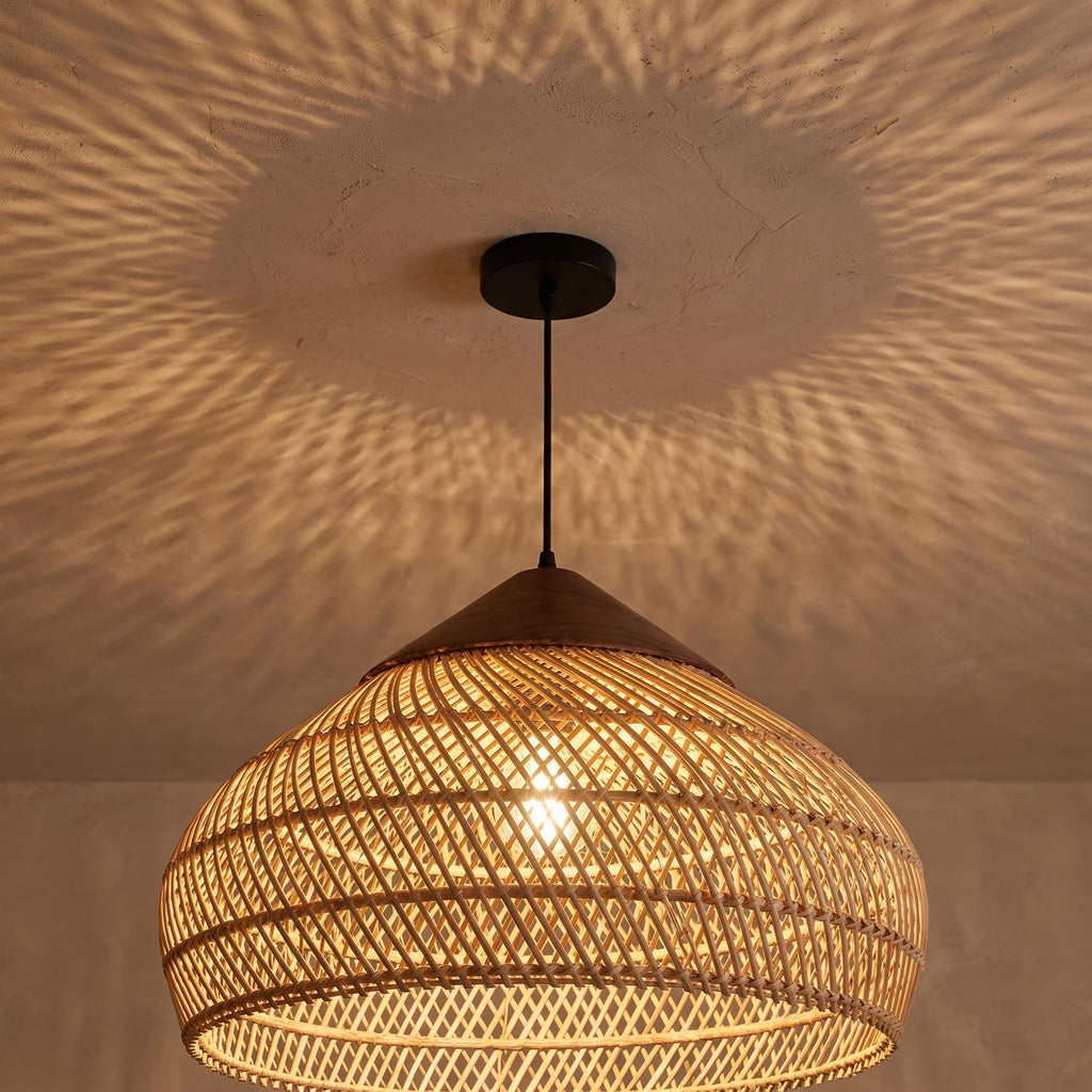 Bamboo Rattan Dome Pendant Light, close view from below