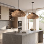 Bamboo Rattan Dome Pendant Light in a pair over a stone kitchen island