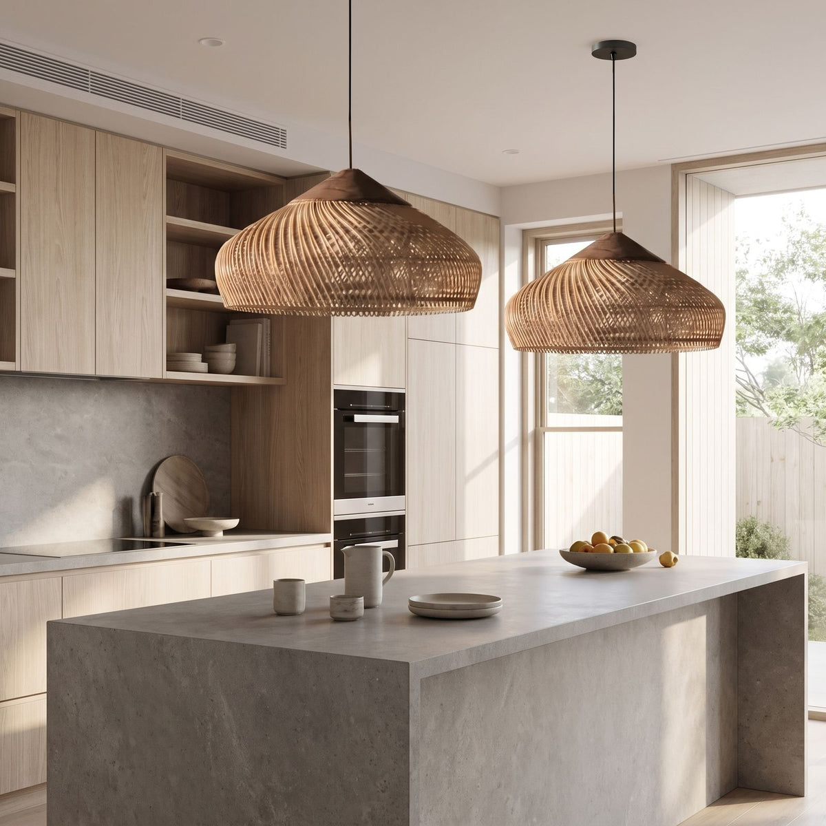 Bamboo Rattan Dome Pendant Light in a pair over a stone kitchen island