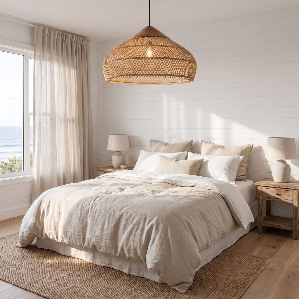 Bamboo Rattan Dome Pendant Light above a bed