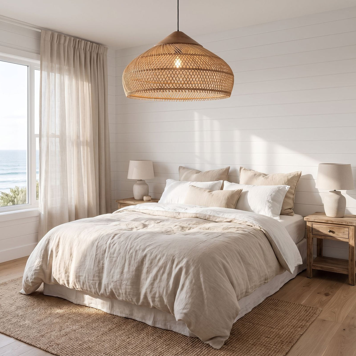Bamboo Rattan Dome Pendant Light above a bed